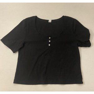 Old Navy Women's Shirt Size Large Black Wide Rib 1/4 Button Top
